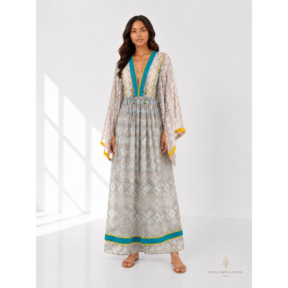 Talitha Maghreb Printed Silk Georgette V-Neck Boho Resort Maxi Dress Size Small